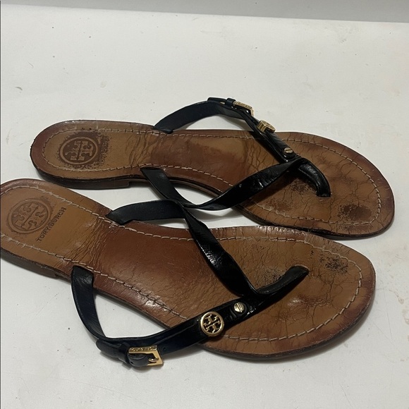 Tory Burch Black and Brown Leather Flip-Flops Sz 8 Women - Picture 2 of 7